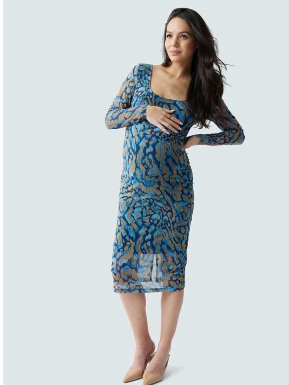 Maternity Blue and Tan Printed Long-Sleeve Dress
